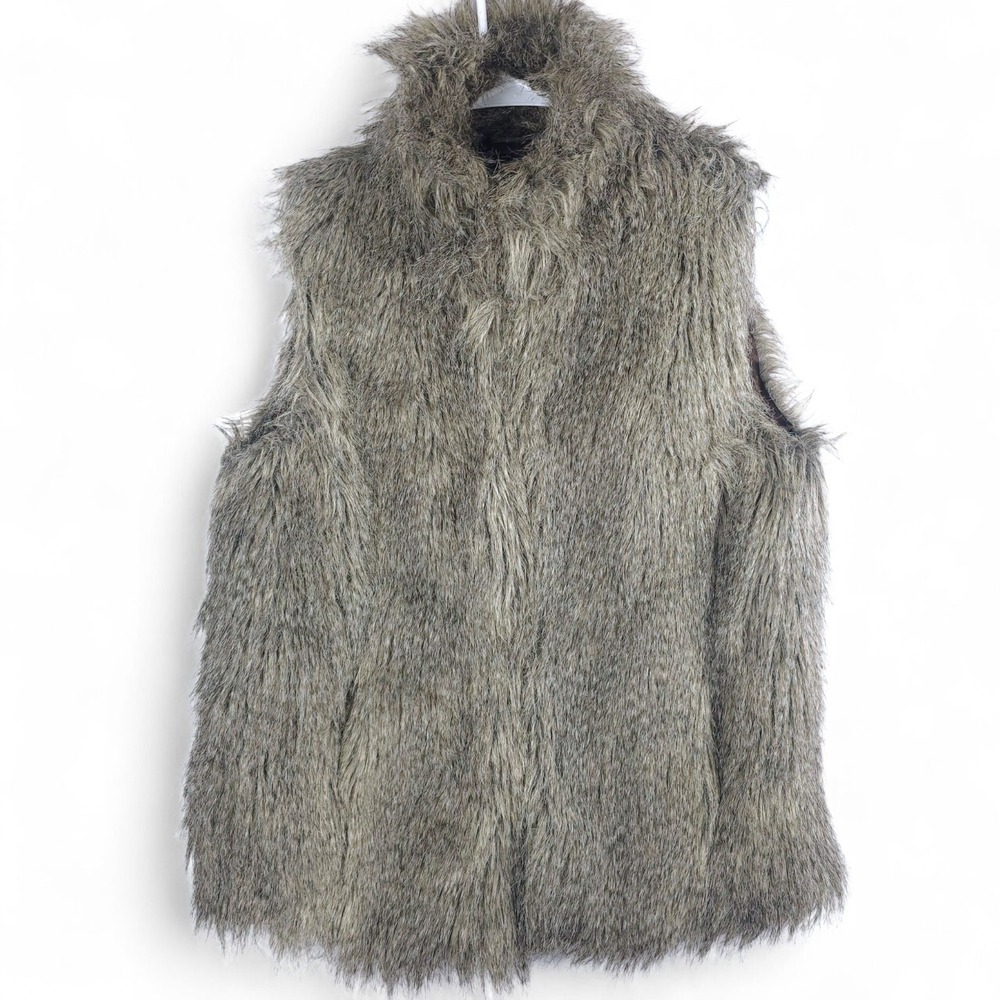 Brave Soul Faux Fur Vest Gilet Shaggy Grey Wolf Brown Boho Open Front Pockets M